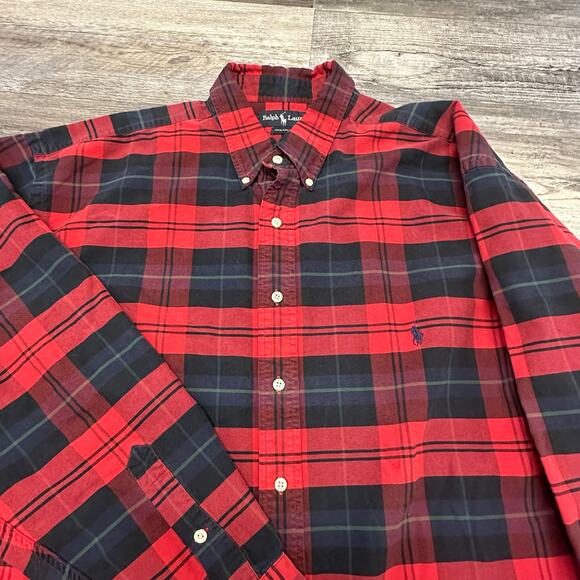 Vintage 90s Ralph Lauren Red Black Tartan Mens 2XLT Button Up Long Sleeve Shirt - Picture 1 of 9